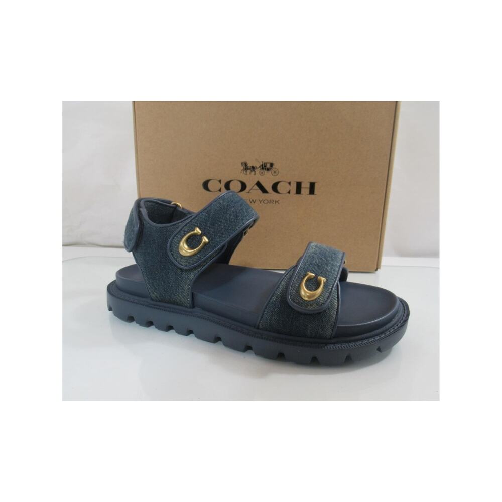 NEW Coach Size 7.5 Brynn Denim Double Band Straps Sandals Comfort Dark Indigo